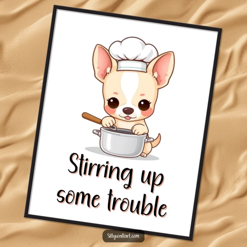 Funny Free Printable Wall Art: Chihuahua wearing a tiny chef hat, playfully stirring a miniature pot.