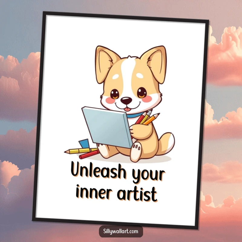 Funny Free Printable Dog Artist Wall Art: Inspired dog with sketchbook and pencils, ready to create masterpieces.