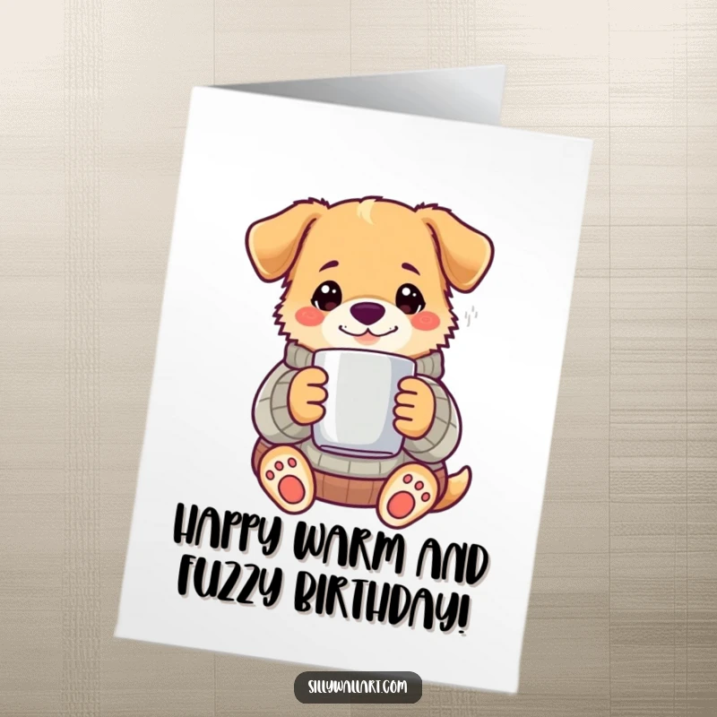 Funny Free Printable Birthday Card: A dog in a cozy sweater holding a steaming mug, wishing a warm happy birthday.