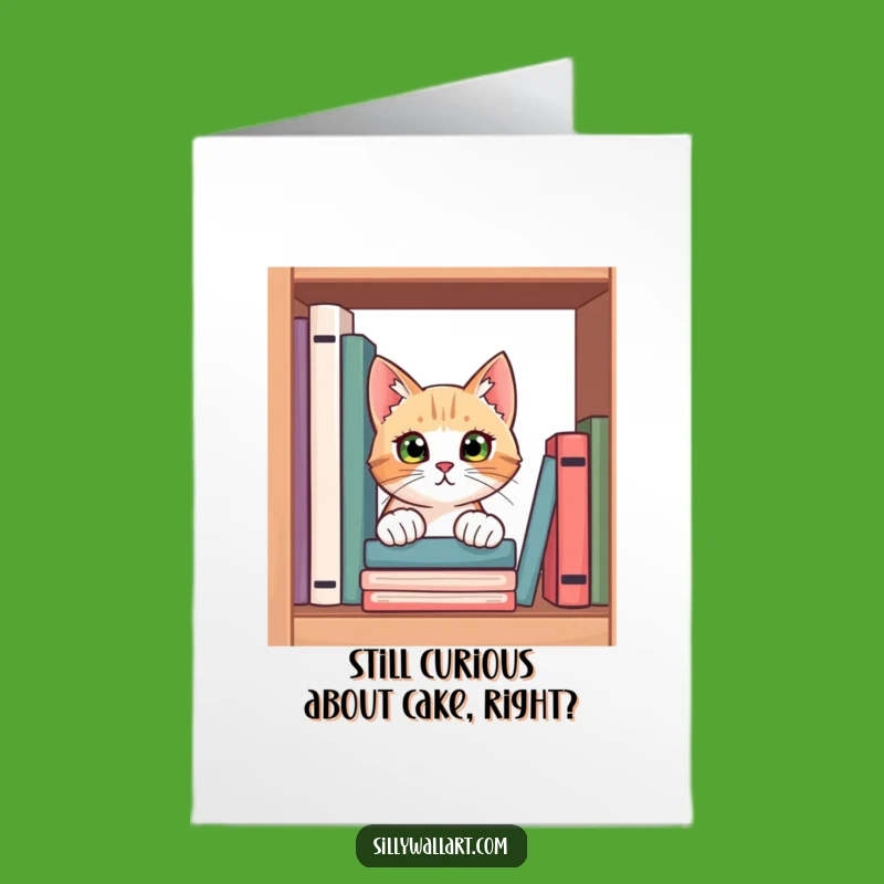 Free Printable Birthday Card: Curious Cat Bookshelf Peek, Funny Downloadable Gift for Bookworms
