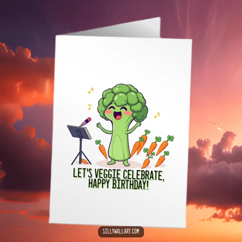 Funny Free Printable Birthday Card: A singing broccoli conducts tiny carrots, celebrating a birthday with veggie music.