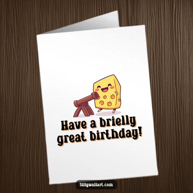 Funny free printable birthday card: a grinning cheese wheel launching from a catapult, celebrating a birthday.