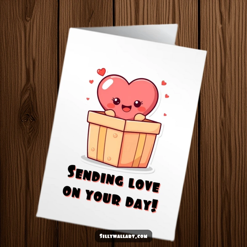 Funny Free Printable Birthday Card: A cheerful heart character joyfully popping out of a giant gift box for a birthday surprise.