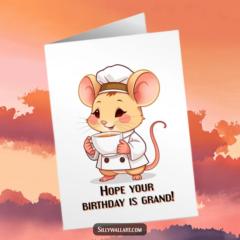 Funny Free Printable Birthday Card featuring a determined mouse chef holding a tiny steaming teacup, perfect for a downloadable wish.