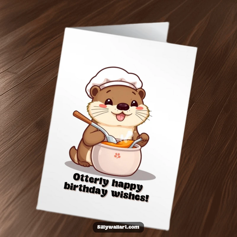 Funny Free Printable Birthday Card with a happy kawaii otter chef tasting soup, perfect for a foodie's downloadable gift.