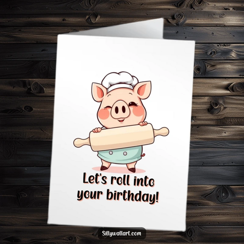 Funny free printable pig chef birthday card, a cheerful pig chef holding a giant rolling pin and winking.