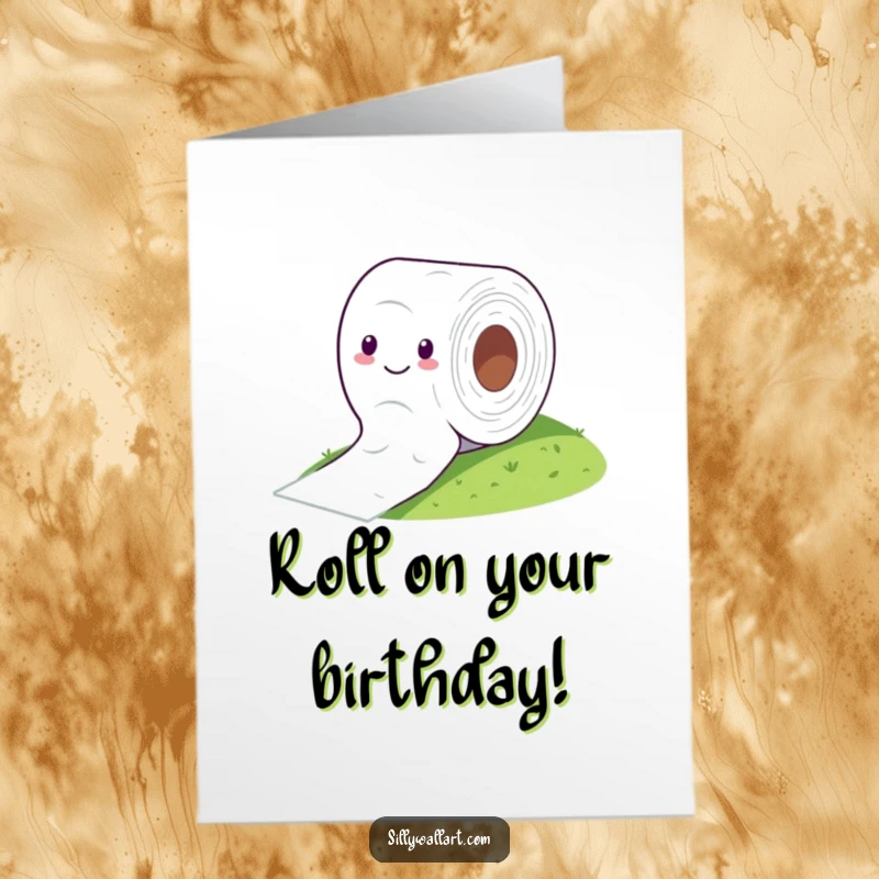 Funny Free Printable Birthday Card: A cheerful toilet paper roll comically rolls down a hill like a tire, perfect for birthdays.