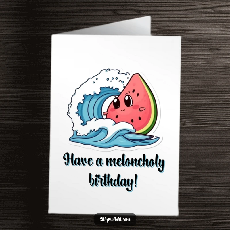 Funny Free Printable Birthday Card: A slice of watermelon with googly eyes hilariously attempting to surf a big wave.