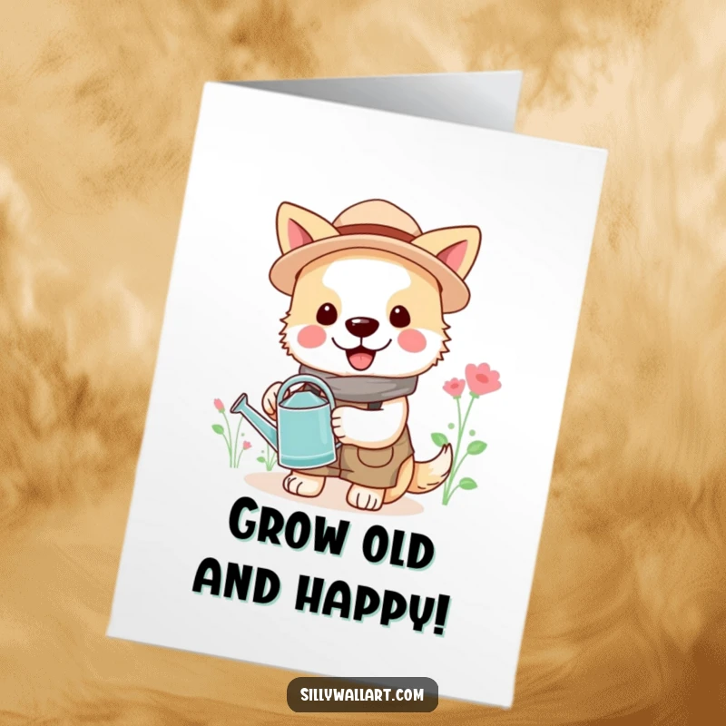 Cheerful Free Printable Birthday Card: A dog in gardening attire holds a tiny watering can, celebrating with nature, downloadable.