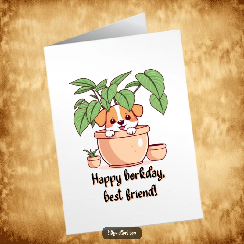 Funny Free Printable Birthday Card: A happy dog peeking from behind a large plant, smiling slyly, perfect for birthday surprises.