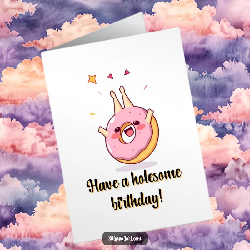 Funny Free Printable Birthday Card: A cheerful, frosting-covered donut character performs an energetic somersault, celebrating a special day.