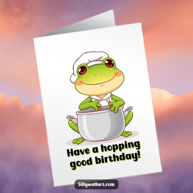 Funny Free Printable Birthday Card with a joyful frog chef stirring a pot with a mischievous glint, perfect for a downloadable wish.