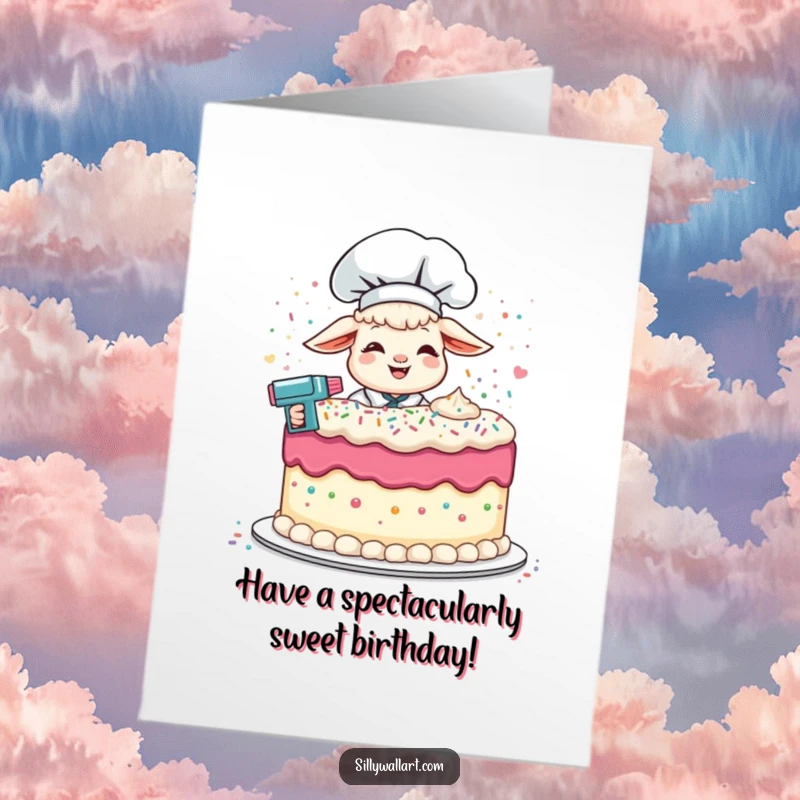 Funny Free Printable Birthday Card with a giggling lamb chef using a sprinkle gun on a cake, perfect for a downloadable celebration.