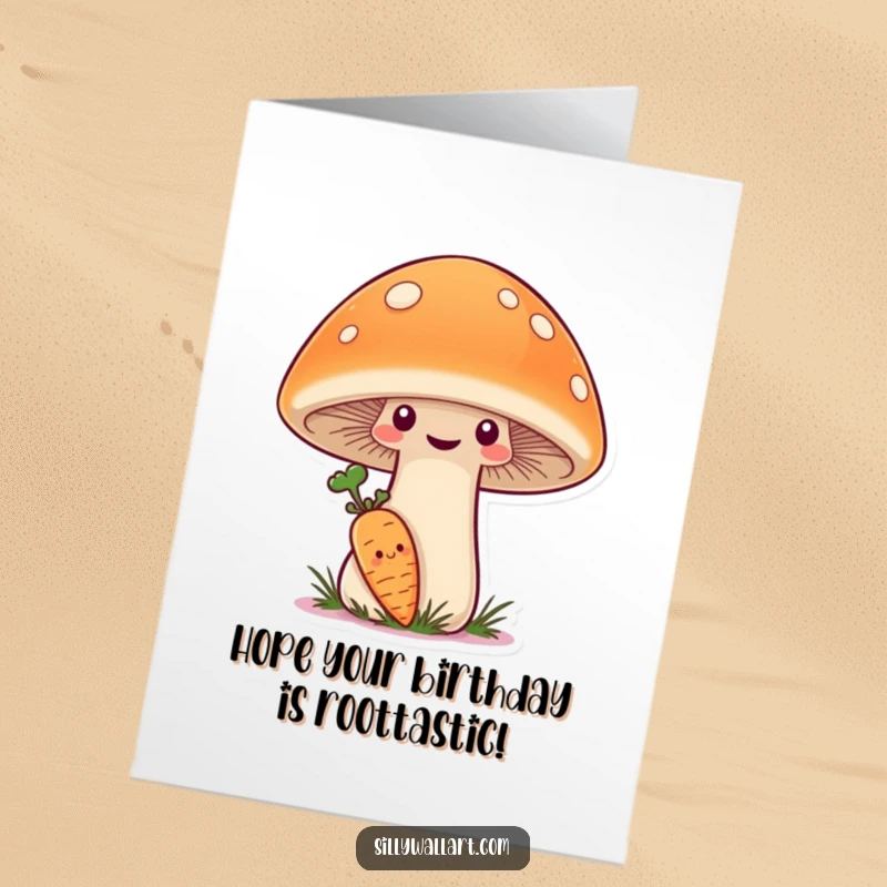 Funny Free Printable Birthday Card: A shy carrot peeks from behind a giant smiling mushroom, offering a cute birthday wish.