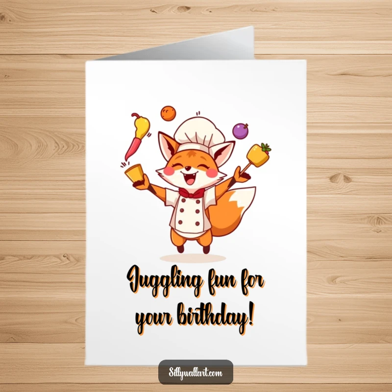 Funny free printable fox chef birthday card, an energetic fox chef joyfully juggling colorful ingredients mid-air.