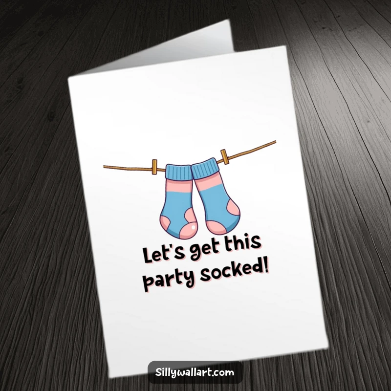 Funny free printable birthday card featuring a pair of mismatched socks tangled on a clothesline, flying like a kite.