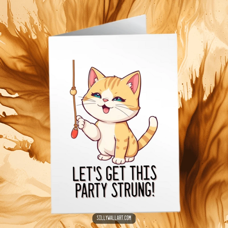 Funny Free Printable Birthday Card: A playful kitten with a mischievous glint bats energetically at a dangling string.