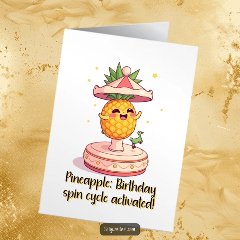 Funny Free Printable Birthday Card: A dizzy pineapple spins wildly on a carousel, capturing the excitement of a birthday party.