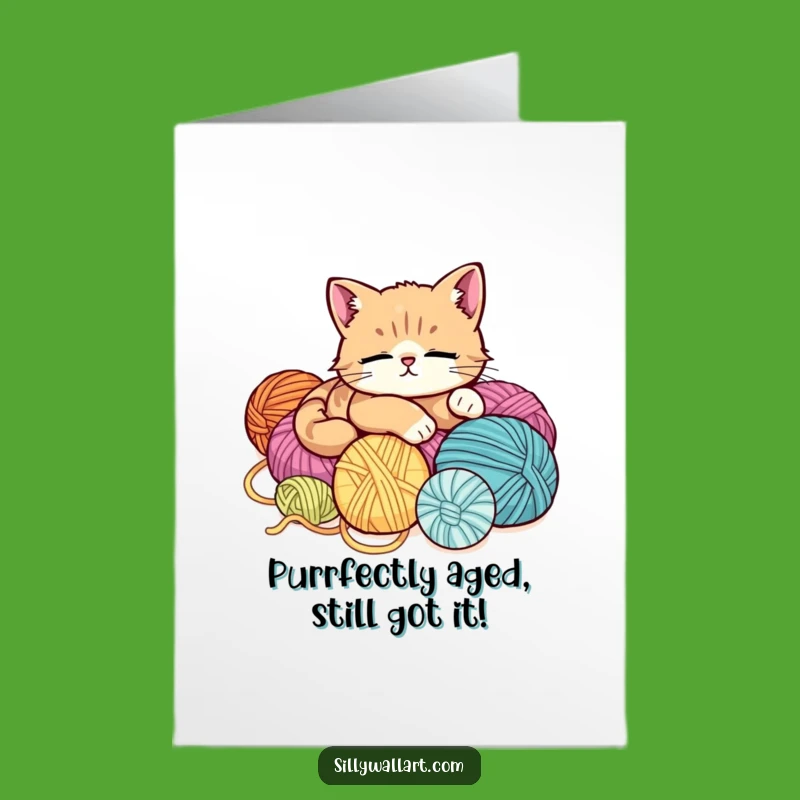 Free Printable Birthday Card: Relaxed Cat Yarn Nap, Funny Downloadable Gift for Cat Lovers