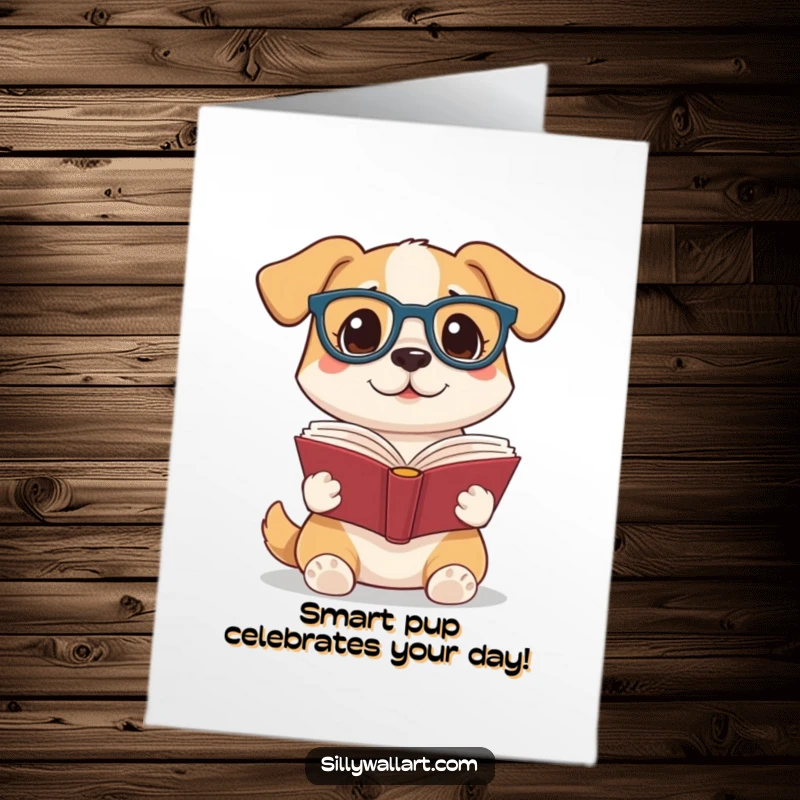 Funny Free Printable dog wearing reading glasses holding book aloft, ready for a birthday celebration, perfect DIY card.