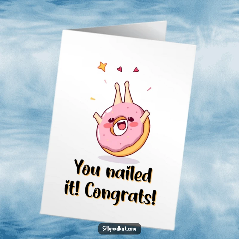 Funny Free Printable Congratulations Card: A happy donut character executes a dynamic somersault, symbolizing a successful achievement and sweet celebration.