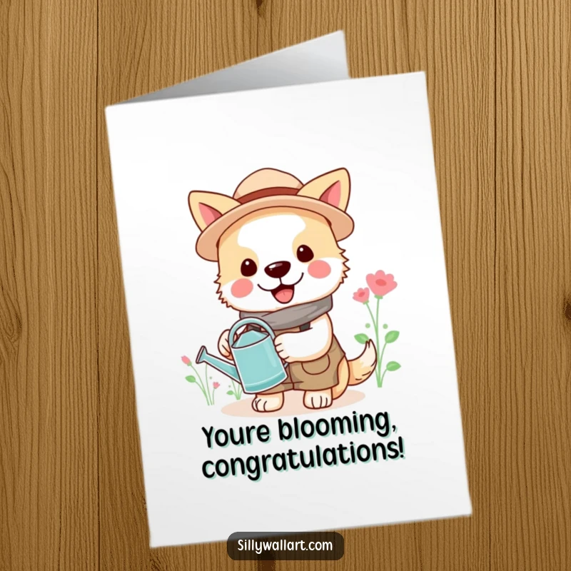 Cheerful Free Printable Congratulations Card: A dog in gardening clothes waters a plant, celebrating growth and success, downloadable.
