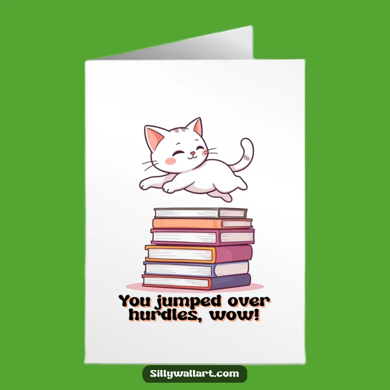 Free Printable Congrats Card: Graceful Cat Jump, Funny Downloadable Gift for Achievements
