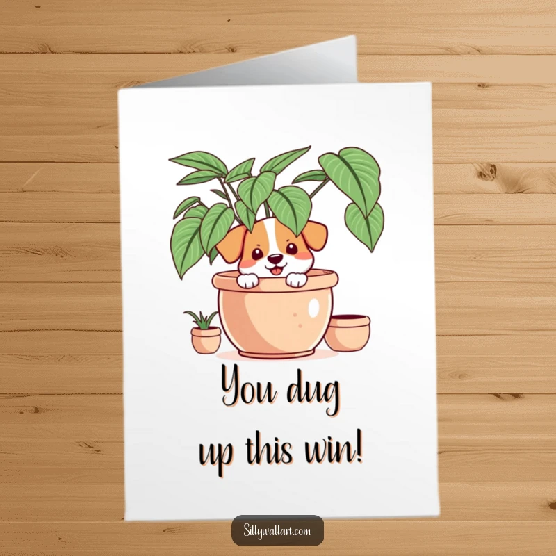 Funny Free Printable Congratulations Card: A smiling dog peeking from behind a plant, offering a cheerful congratulatory gesture.