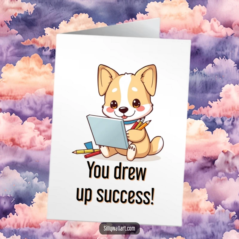 Funny Free Printable Dog Artist Congratulations Card: Talented dog artist celebrating a big win with sketchbook.