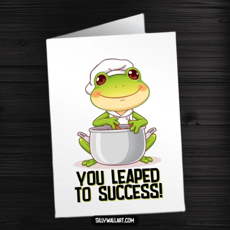 Funny Free Printable Congratulations Card featuring a joyful frog chef stirring a pot with a mischievous glint, ideal for a downloadable toast.