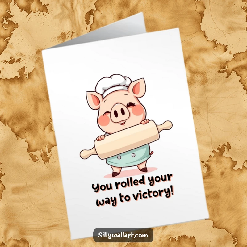 Funny free printable pig chef card, a happy pig chef with a large rolling pin winks, celebrating success.
