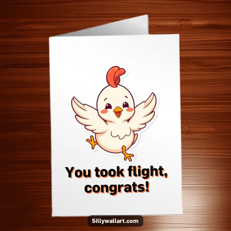 Funny Free Printable Congratulations Card: A delighted rubber chicken flaps tiny wings, attempting flight for a big win.