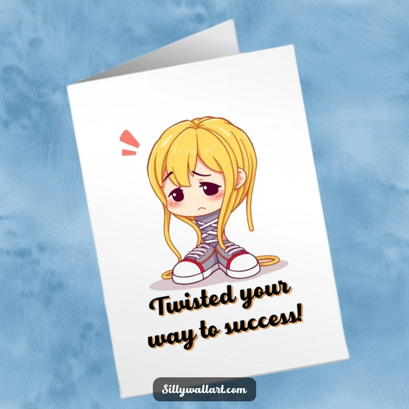 Funny Free Printable Congratulations Card: A confused spaghetti noodle attempts to tie shoelaces, symbolizing a clumsy success.