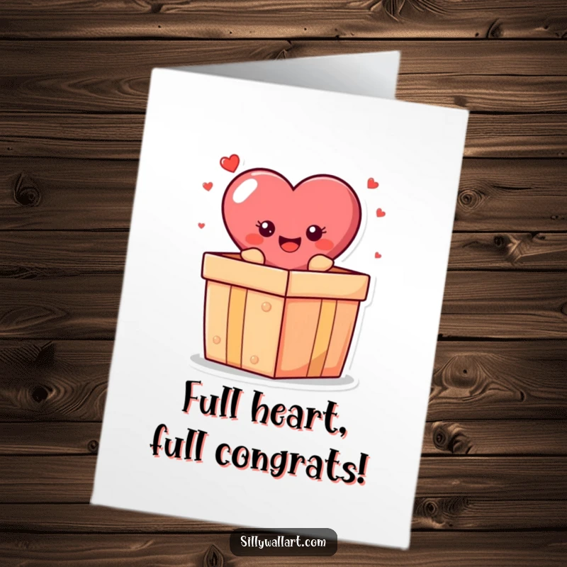 Funny Free Printable Congratulation Card: A cheerful heart character happily popping out of a giant gift box to celebrate.