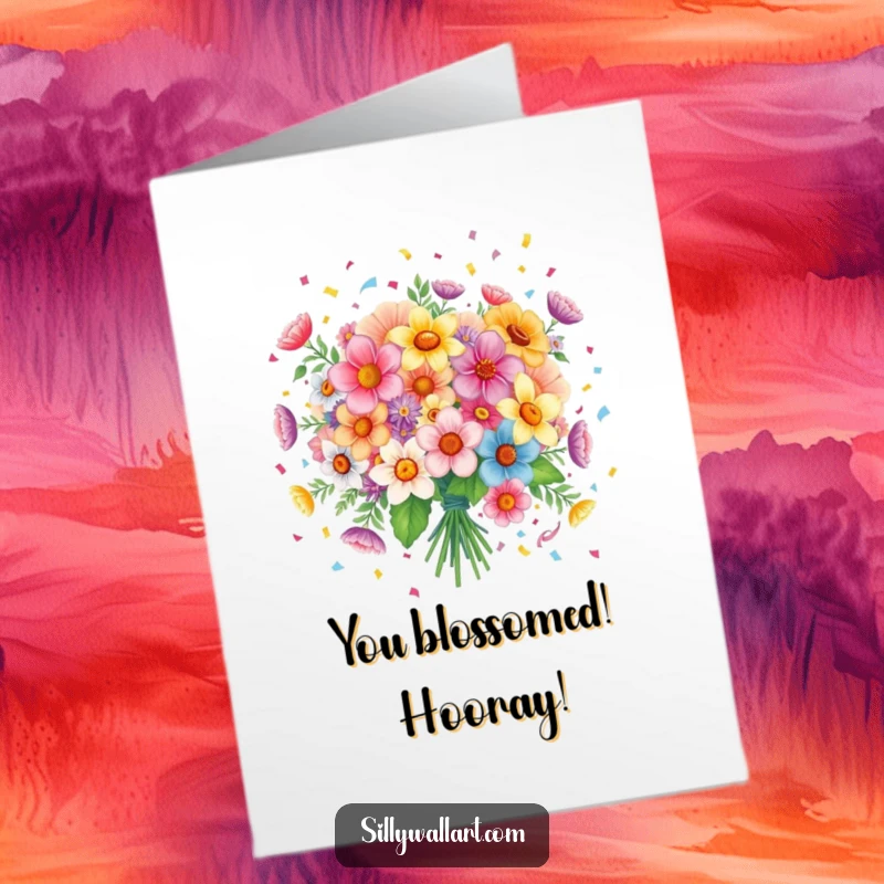 Funny Free Printable Congratulation Card: A joyful bouquet of flowers joyfully spreading confetti to celebrate an achievement.