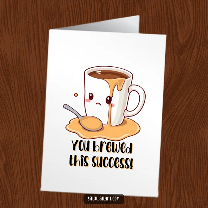 Funny free printable congratulations card: a giant coffee mug overflowing its contents onto a startled spoon in celebration.