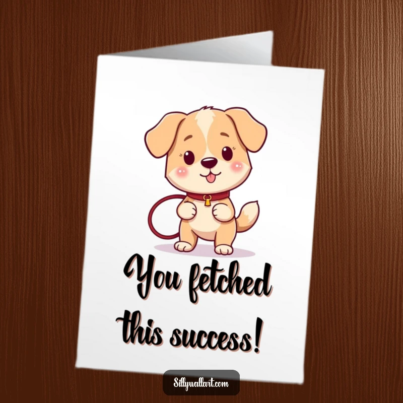 Funny Free Printable Congratulations Card: A happy dog with a wagging tail holds a leash, ready to celebrate achievements.