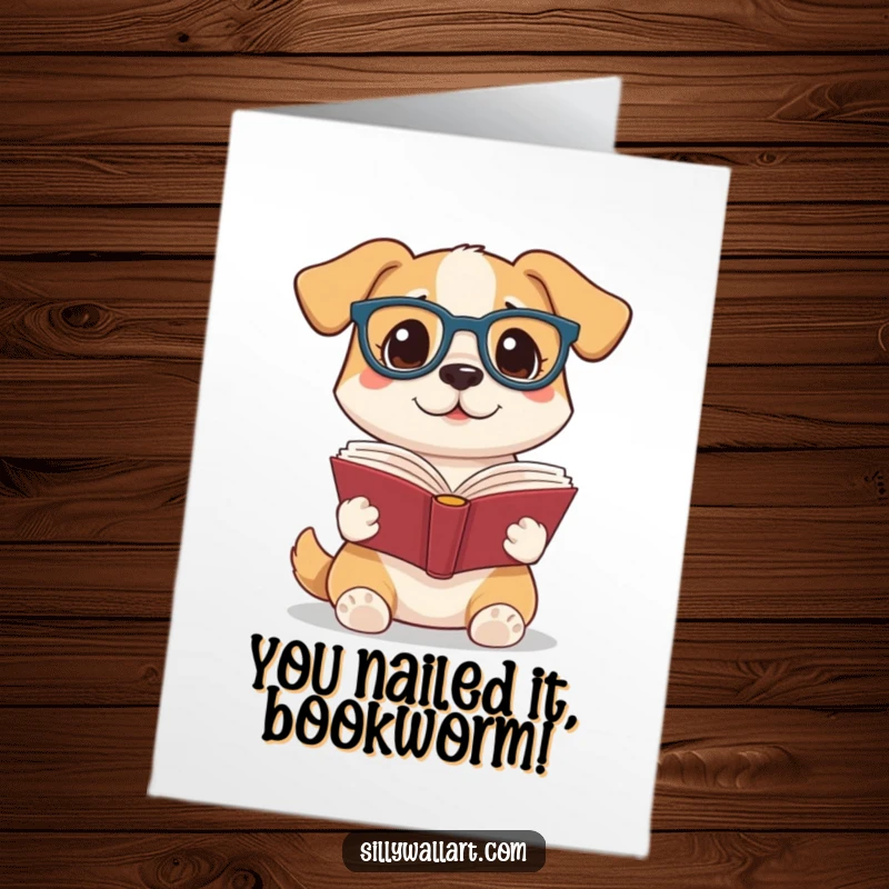 Funny Free Printable dog wearing reading glasses holding book aloft, celebrating an achievement, ideal downloadable congratulations card.