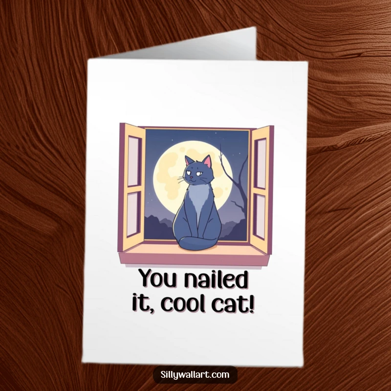 Funny Free Printable Congratulations Card: a cat on a window sill silhouetted against the moon, conveying congrats.