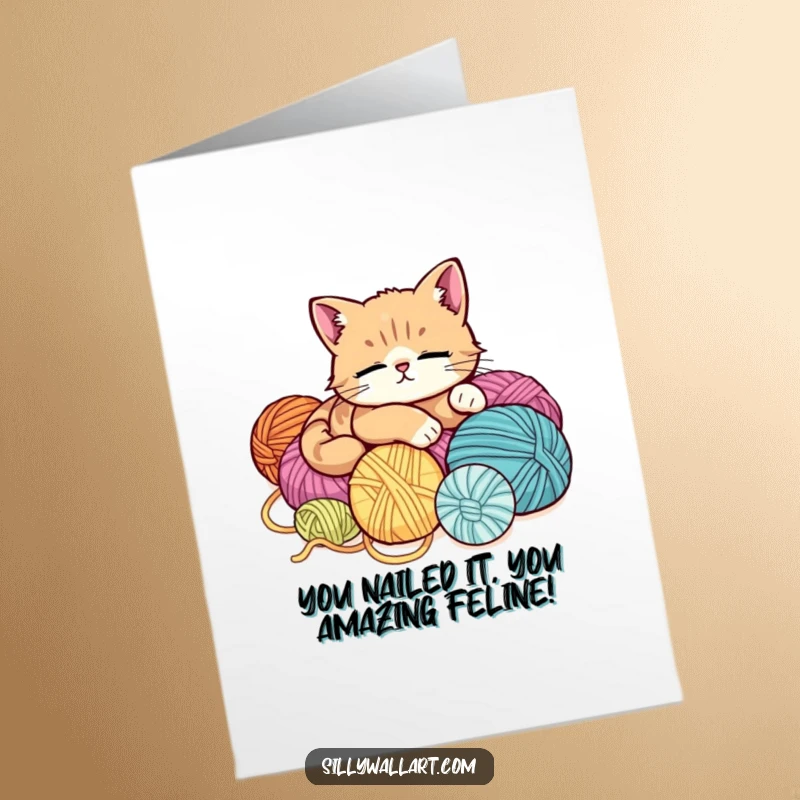Funny Free Printable Congratulations Card: Cute cat napping deeply on a mountain of soft yarn balls, looking incredibly content.