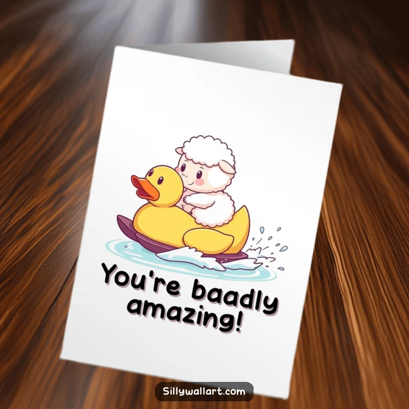 Funny free printable congratulations card featuring a happy sheep waterskiing on a giant rubber duck across blue water.