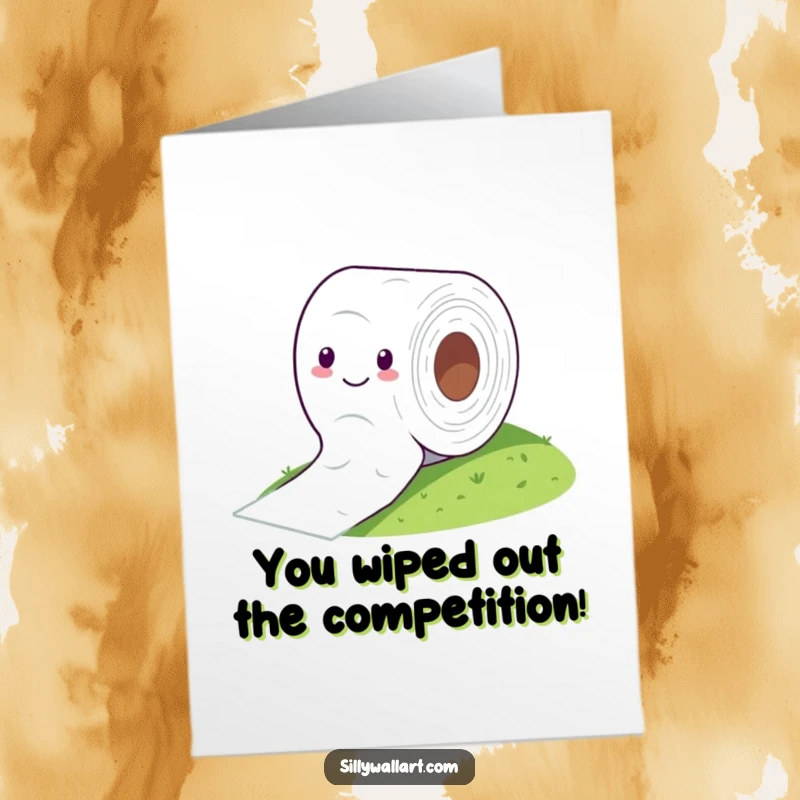 Funny Free Printable Congratulations Card: A happy toilet paper roll speeds down a hill, celebrating a win.