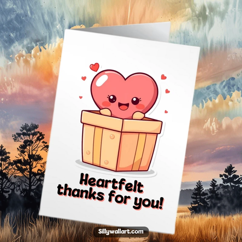 Funny Free Printable Thank You Card: A cheerful heart character joyfully popping out of a giant gift box to express thanks.