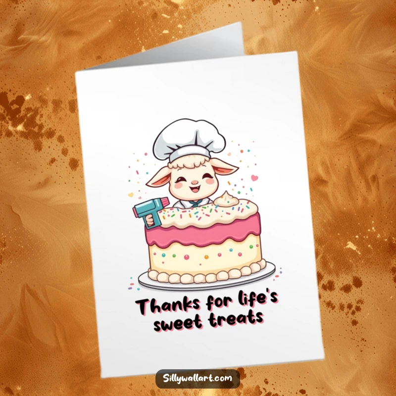 Funny Free Printable Thank You Card with a giggling lamb chef frosting a cake, perfect for a downloadable thank you.