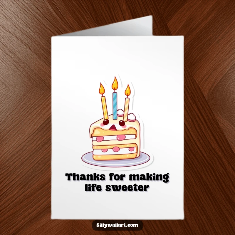 Funny Free Printable Thank You Card: A surprised cake with candle-balloons floats skyward, a sweet way to say thanks.