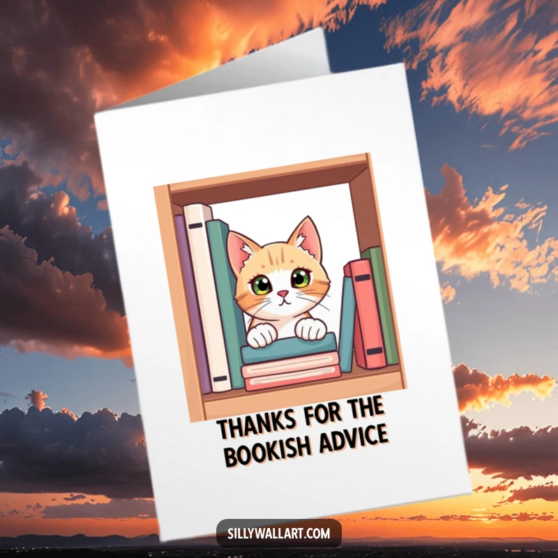 Funny Free Printable Thank You Card: A curious cat is mischievously peeking out from behind a bookshelf.