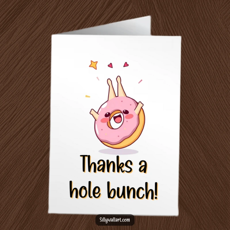 Funny Free Printable Thank You Card: A cheerful donut character performs a celebratory somersault, offering thanks with a playful, sugary gesture.