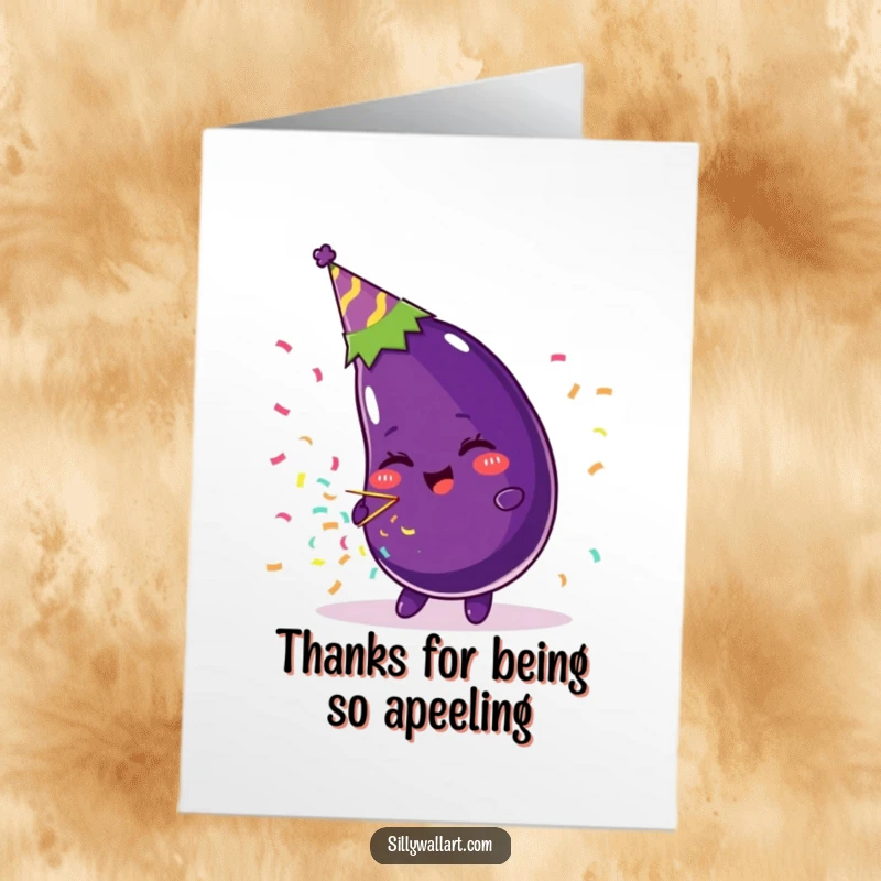 Funny Free Printable Thank You Card: A cheerful eggplant in a party hat unleashes confetti, expressing thanks with flair.