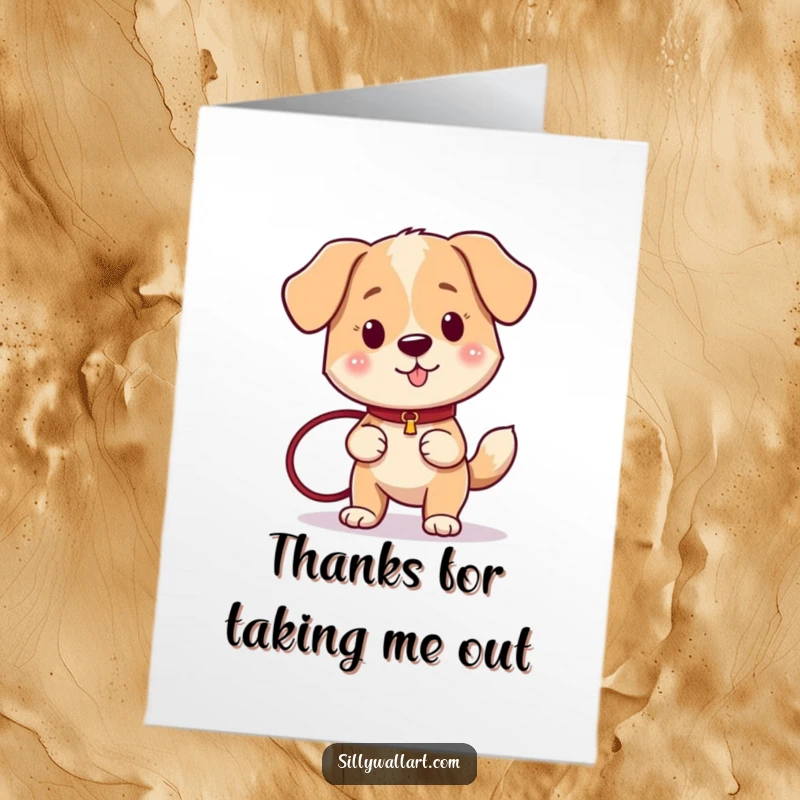 Funny Free Printable Thank You Card: A dog with a wagging tail holds a leash, enthusiastically expressing thanks.