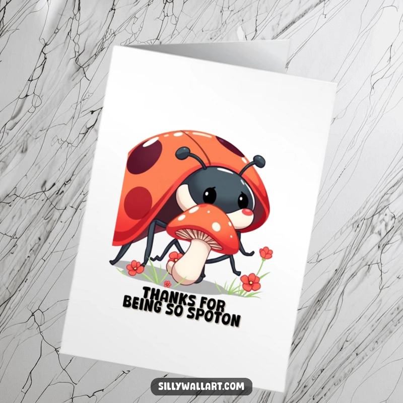 Funny Free Printable Thank You Card of a shy mushroom peeking from behind a giant, laughing ladybug, a charming way to say thank you.